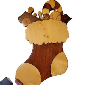 Vintage 1994 Handmade Wooden Christmas Stocking With Toys Decor